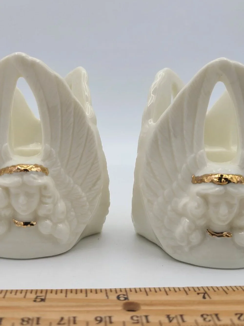 Pair of Porcelain Angels Trio Candlestick Holder Gold Accents Taiwan R.O.C.